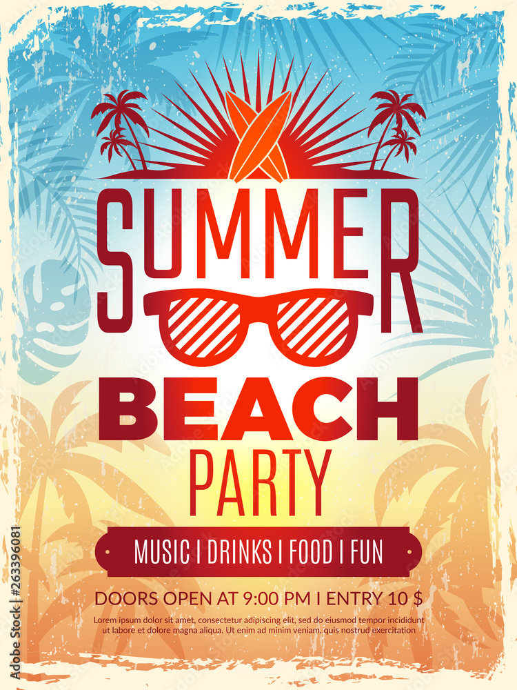 Wall mural summer retro poster. vacation tropical beach summer party invitation retro placard vector template. 