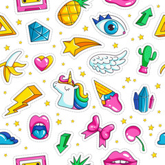Fashion unicorn badges. Pattern in comic style with retro objects rainbow stars unicorn eyes clouds diamond seamless background. Unicorn and rainbow, cartoon magic horse illustration