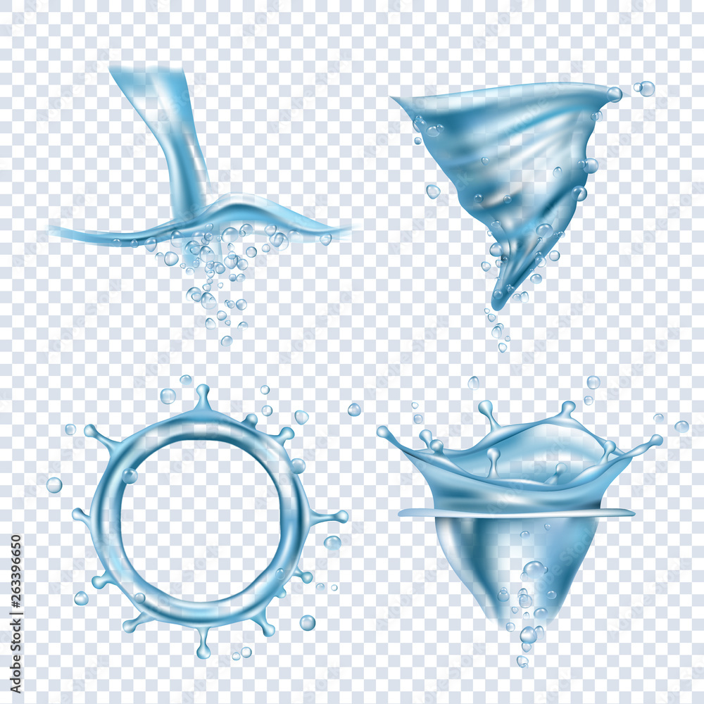 Poster water splashes. rain drops liquid fluids object transparent blobs dynamic water whirlpool vector rea