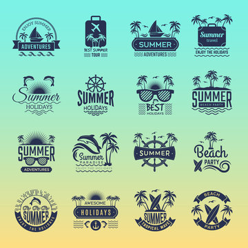Summer travel logos. Retro tropical vacation badges and symbols palm tree drinks beach tour on island vector pictures collection. Illustration of summer tropical journey badge