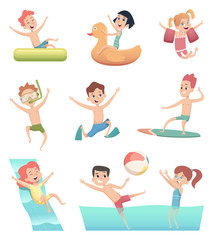 Water park games. Fun of children aqua activities with water swimming pool kids on rubber rings or mattress vector characters. Illustration of summer activity in pool, happy children in water park