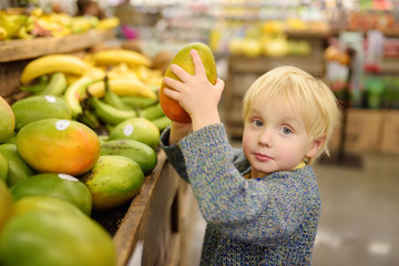 Cute little boy in a food store or a supermarket choosing fresh organic mango