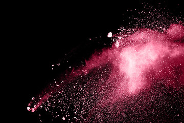 Red color powder explosion on black background.Freeze motion of red dust particles splashing.
