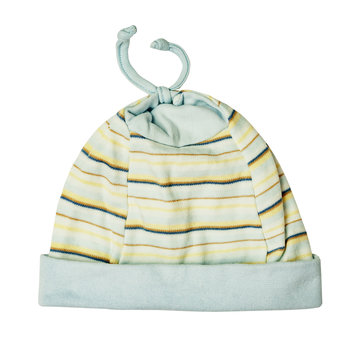 Children's wear -  kid's baby blue striped newborn little cap bonnet mutch caul isolated on white background