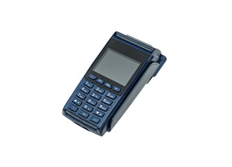 Modern blue payment terminal, with a blank screen, isolated on white.