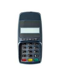 Modern blue payment terminal (pin pad), with a blank screen, isolated on white.