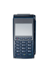 Modern blue payment terminal, with a blank screen, isolated on white.