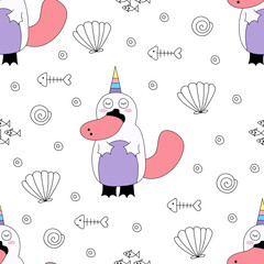 Seamless pattern cute platypus cartoon hand drawn style.vector and illustration