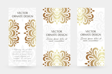 Fototapeta na wymiar Bronze floral motif. Graceful vertical flayers with decoration elements on the white background.