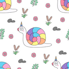 Seamless pattern cute snail cartoon hand drawn style.vector and illustration