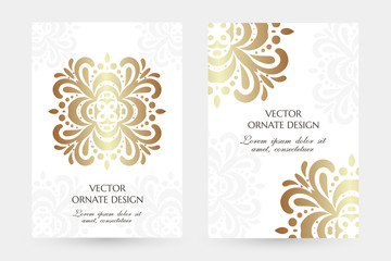 Fototapeta na wymiar Bronze floral motif. Stylish vertical posters with ornaments on the white background.
