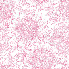 Fototapeta na wymiar Seamless pattern with peony flowers hand drawn in lines. Graphic doodle sketch floral background. Vector illustration