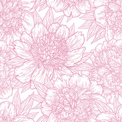 Seamless pattern with peony flowers hand drawn in lines. Graphic doodle sketch floral background. Vector illustration