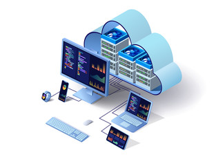 Cloud technology computing concept. Data center concept. Modern cloud technologies. Vector 3d isometric illustration network with computer, laptop, tablet, and smartphone. For web design, presentation - obrazy, fototapety, plakaty