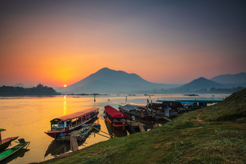 Fototapeta na wymiar Beautiful sunrise on Mekong river , border of Thailand and Laos, Loei province,Thailand.