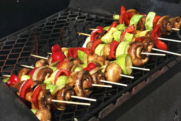 Vegetables on a stick on the grill.Close up.