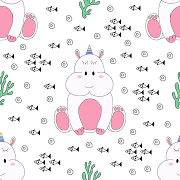 Seamless pattern cute hippo cartoon hand drawn style.vector and illustration