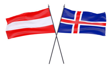 Austria and Iceland, two crossed flags isolated on white background. 3d image