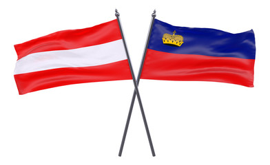 Austria and Liechtenstein, two crossed flags isolated on white background. 3d image