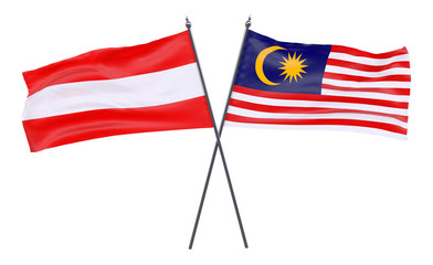 Austria and Malaysia, two crossed flags isolated on white background. 3d image