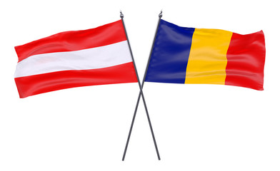 Austria and Romania, two crossed flags isolated on white background. 3d image