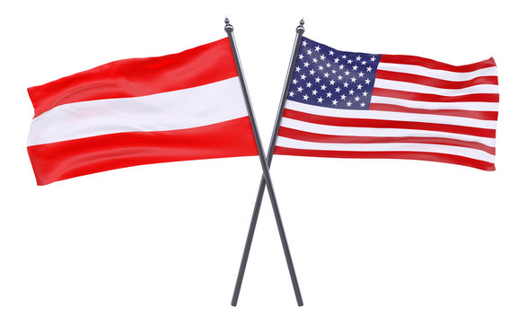 Austria and USA, two crossed flags isolated on white background. 3d image