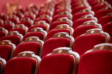 Empty rows of red theater or movie seats. Reddish cinema chairs. Traditional classicall wood red velvet armchairs in curved row