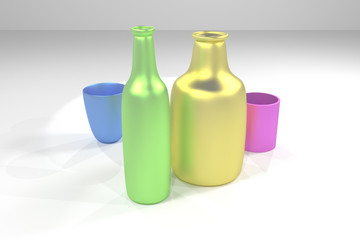 Abstract CGI composition, concepture still life bottle & glass. Wallpaper for graphic design. Colorful 3D render.