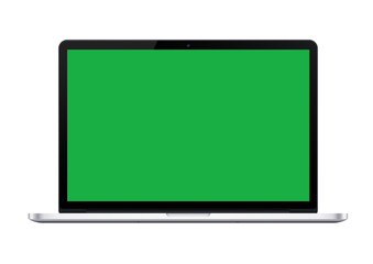Silver laptop computer mockup with green screen