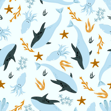 seamless pattern with killer whale and octopus - vector illustration, eps
