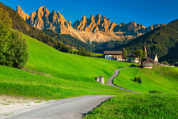 Admirable summer alpine landscape with Santa Maddalena village, Dolomites, Italy