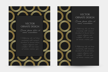 Gold ornament. Luxury vertical posters with decorative frame and border on the black background.