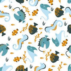 seamless pattern with stingray seahorse and fish - vector illustration, eps