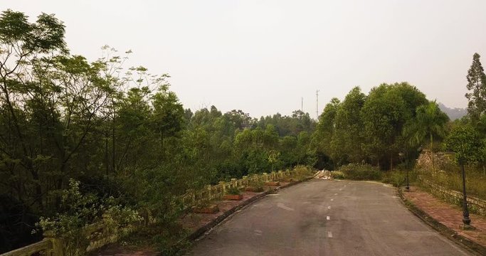 Aerial over Vietnamese street lined with light posts to the end of the road where plants are overgrowing onto the pavement