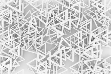 Gray or black and white b&w CGI geometric, bunch of triangle & star, view from top for design texture, background. 3D render.