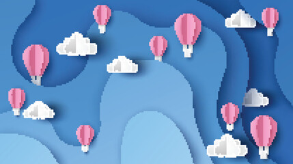 Illustration of hot air balloons on abstract sky background. Hot air balloon float up in the sky. paper cut and craft style. vector, illustration.
