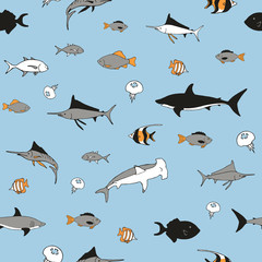 Hand drawn fish on a blue background. Seamless pattern.