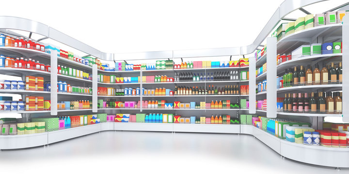 Open shelf with colored goods in a self-service store. 3d illustration