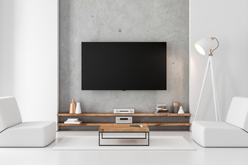 Smart Tv mockup hanging on the concrete wall in modern luxury interior