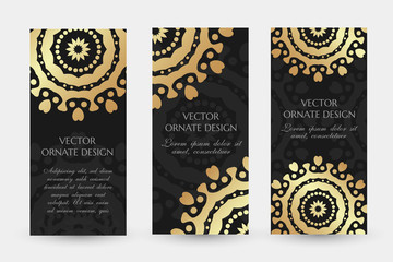 Golden circle motif. Luxury vertical flayers with ornaments on the black background.