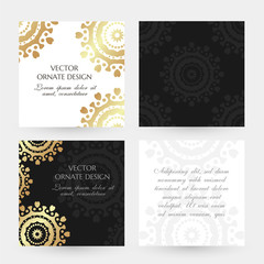 Fototapeta na wymiar Golden circle motif. Square cards collection. Banners with decoration elements on the black and white background.
