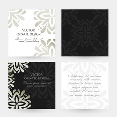 Silver floral elegant motif. Square cards collection. Banners with decoration elements on the black and white background.