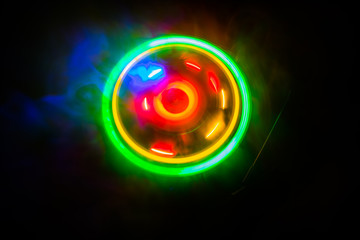 Concept of speed - Trail of fire and smoke - Vinyl record. Burning vinyl disk. Turntable vinyl record player. Retro audio equipment for disc jockey. Sound technology
