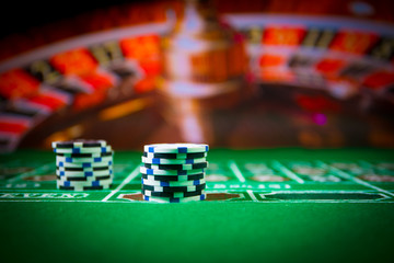 Fototapeta premium Casino element isolation on the colorful, Slot machine, Roulette while, Dice, Casino chip - image