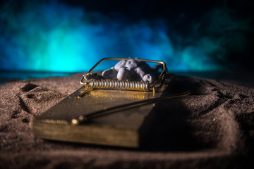 Creative concept. Artwork decoration of mousetrap on dark toned foggy background. Mousetrap...