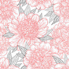 Seamless pattern with peony flowers hand drawn in lines. Graphic doodle sketch floral background. Vector illustration