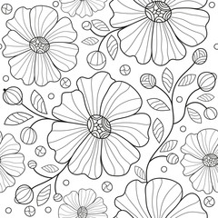 Seamless monochrome pattern with tracery striped flowers, leaves,