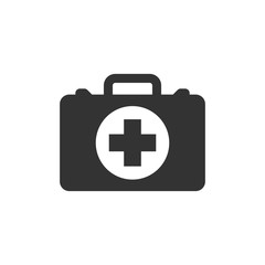First aid kit icon in flat style. Health, help and medical diagnostics vector illustration on white isolated background. Doctor bag business concept.