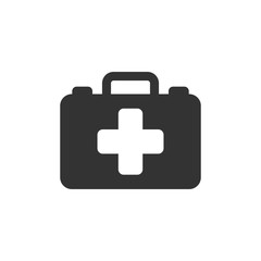 First aid kit icon in flat style. Health, help and medical diagnostics vector illustration on white isolated background. Doctor bag business concept.