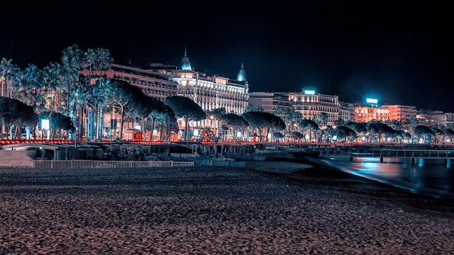Cannes by night view from the beach